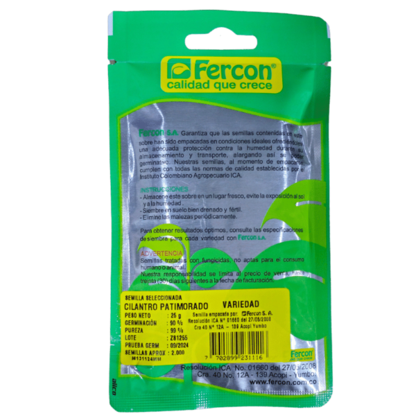 cilantro patimorado 25g reverso